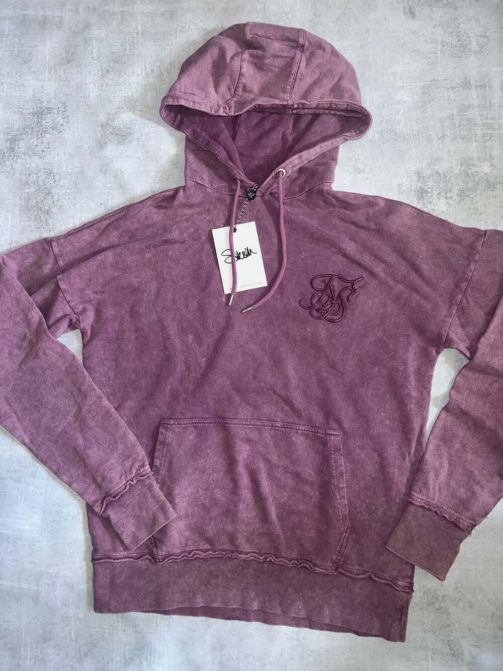 SikSilk Men's Embroidered Logo Pullover Hoodie in Plum Acid Wash